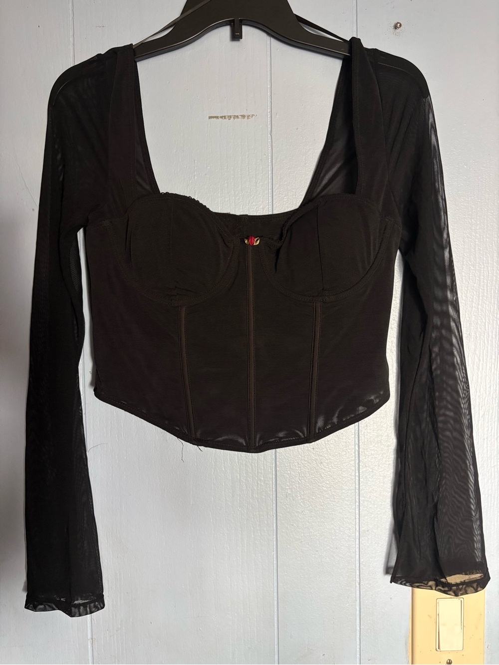 Women's Black Mesh Long-Sleeve Corset Top